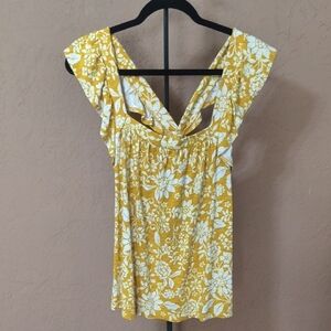 LC Lauren Conrad Women's Yellow Floral Blouse With Cutouts Size XL